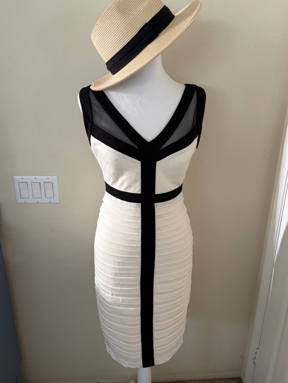 Jax Black and White Sheath Dress with Mesh Accents & Criss Crossing Amazing Back